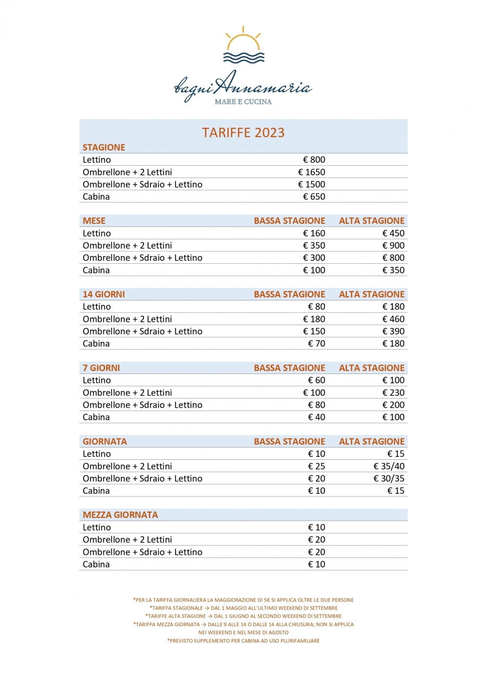 Tariffe 2023 - Bagni Annamaria Mare e Cucina