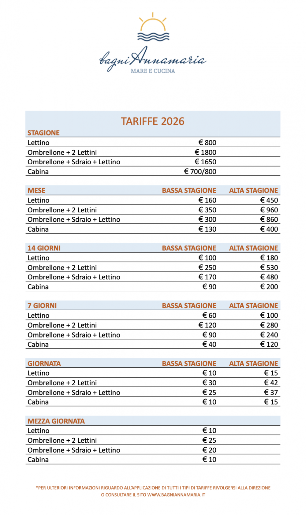 Tariffe 2026 - Bagni Annamaria Mare e Cucina