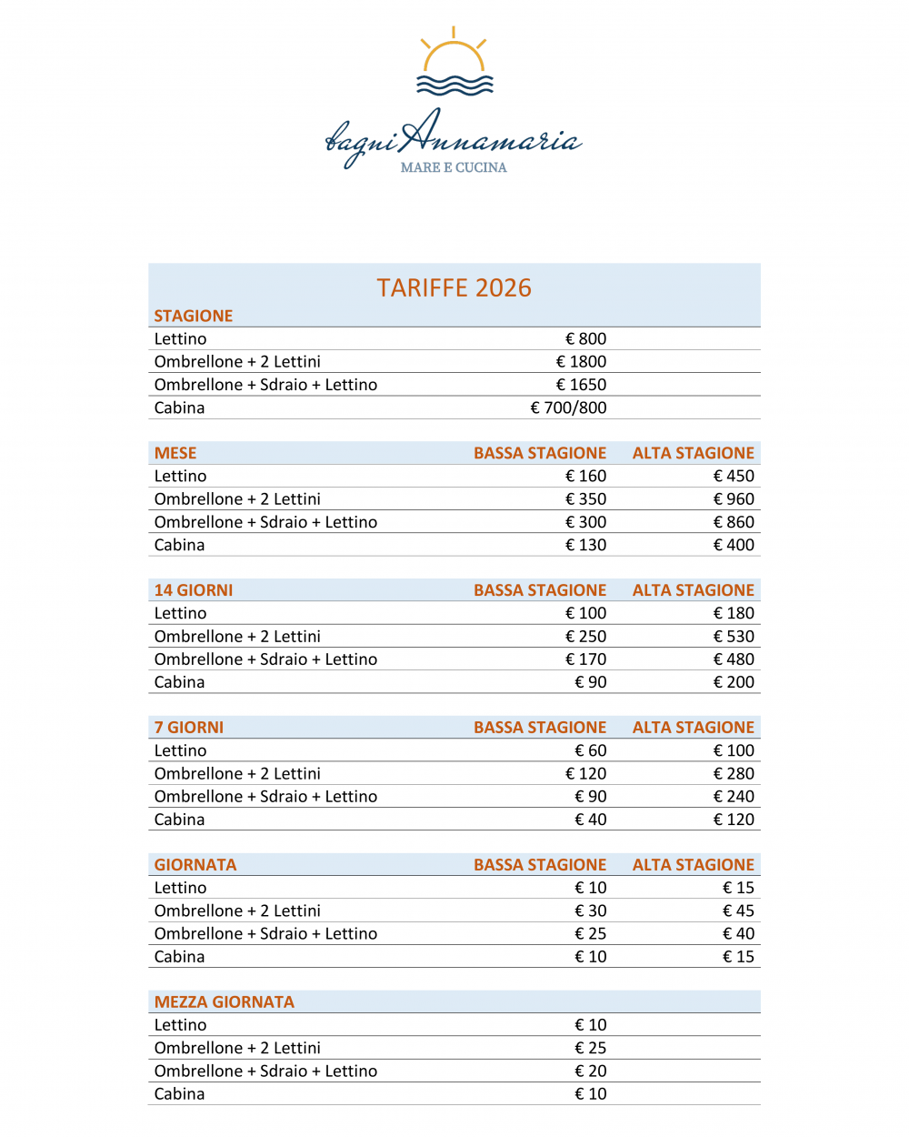 Tariffe 2026 - Bagni Annamaria Mare e Cucina